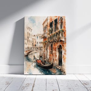 Aquarelle sur le canal des télécabines de Venise : art romantique du paysage urbain (téléchargement numérique)