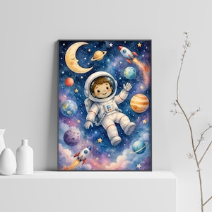 May include: A framed wall art print featuring a cartoon astronaut floating in deep space. The scene includes a smiling crescent moon, various colourful planets, two rockets with fiery exhaust trails, and yellow stars against a dark blue nebula.