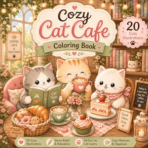 May include: A coloring book titled Cozy Cat Cafe featuring 20 cute illustrations. The cover shows three cartoon cats in a cafe setting with coffee, pastries, a cake, and books. Text includes Coffee Cats & Cozy Days, Cat Tales, and Good Vibes Only.