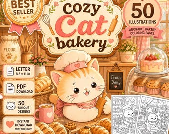Cozy Cat Bakery Coloring Book | 50 Kawaii Pages (Digital Download)