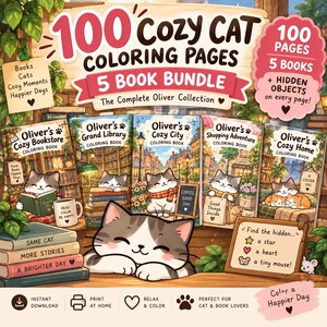 May include: A 5-book bundle of 100 cozy cat coloring pages titled The Complete Oliver Collection. The set includes Oliver's Cozy Bookstore, Grand Library, Cozy City, Shopping Adventure, and Cozy Home, featuring illustrations of cats and hidden objects.