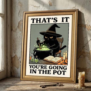 May include: A framed wall art print featuring a black cat wearing a witch hat, stirring a bubbling green cauldron. The text reads THAT'S IT YOU'RE GOING IN THE POT. The illustration includes potion bottles, an open book, and candles.