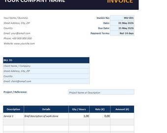Freelancer factuursjabloon Excel | Professionele factuurspreadsheet | Factureringssjabloon voor zelfstandigen