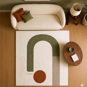 The Arches Minimalist Geometric Wool Area Rug – Premium Textured Earthy Terracotta, Olive Green & Cream Mid-Century Modern Living Room rug