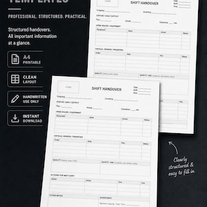 Peut inclure: Modèles de transfert de quart, imprimables au format A4 et téléchargeables instantanément. Les formulaires sont conçus pour une utilisation professionnelle, structurée et pratique. L'image contient le texte "Shift Handover Templates".