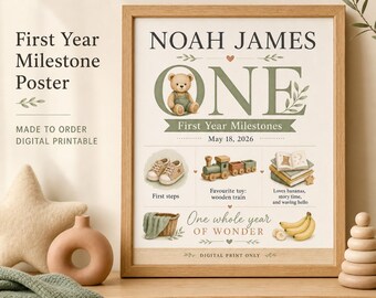 Póster de hitos del primer año, personalizado e imprimible bajo pedido.