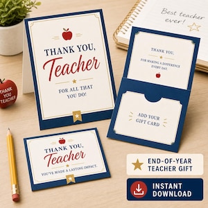 Teacher Gift Card Holder Printable, End Of Year Teacher Gift, Instant Download Thank You Card image 4