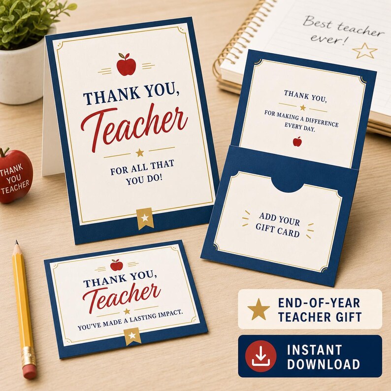 Teacher Gift Card Holder Printable, End Of Year Teacher Gift, Instant Download Thank You Card image 4