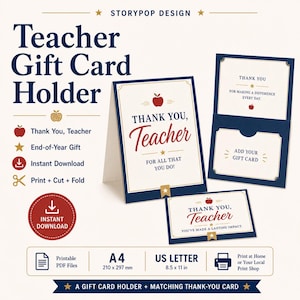 Teacher Gift Card Holder Printable, End Of Year Teacher Gift, Instant Download Thank You Card image 1