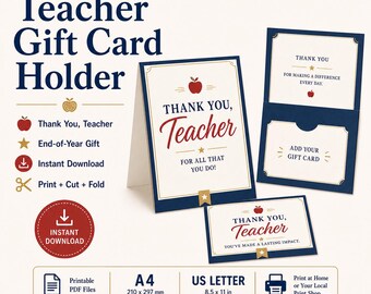 Portatarjetas de regalo para profesores imprimible, regalo de fin de año para profesores, tarjeta de agradecimiento de descarga instantánea