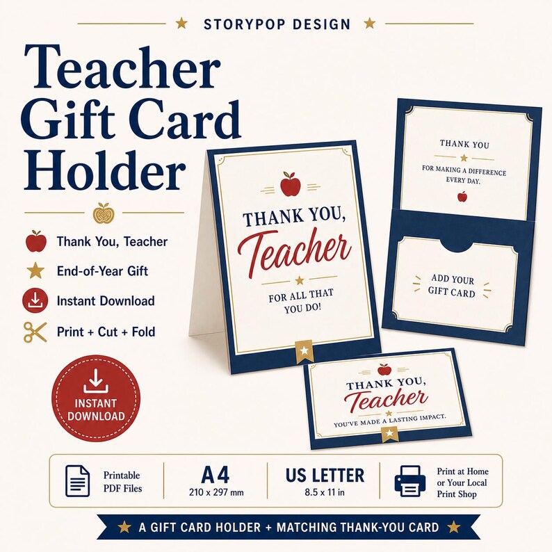 Teacher Gift Card Holder Printable, End Of Year Teacher Gift, Instant Download Thank You Card image 1