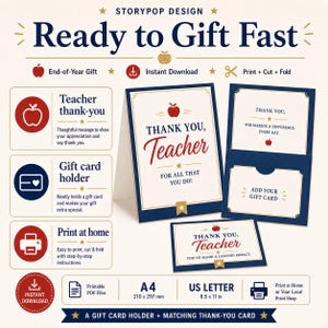 Teacher Gift Card Holder Printable, End Of Year Teacher Gift, Instant Download Thank You Card image 7