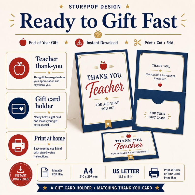 Teacher Gift Card Holder Printable, End Of Year Teacher Gift, Instant Download Thank You Card image 7