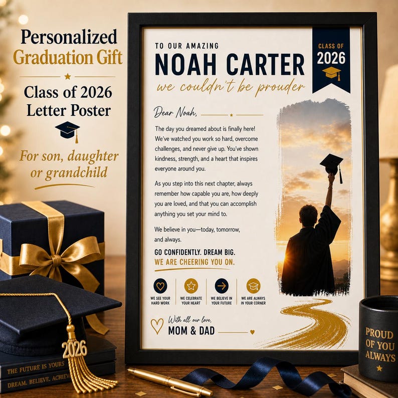 Regalo di laurea personalizzato per figlio, figlia o nipote, classe 2026, poster personalizzato con lettera, ricordo di laurea stampabile immagine 1