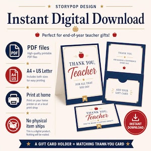 Teacher Gift Card Holder Printable, End Of Year Teacher Gift, Instant Download Thank You Card image 9