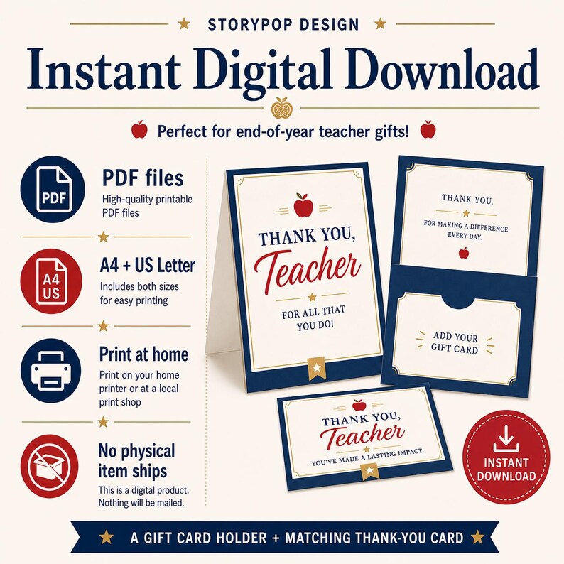 Teacher Gift Card Holder Printable, End Of Year Teacher Gift, Instant Download Thank You Card image 9