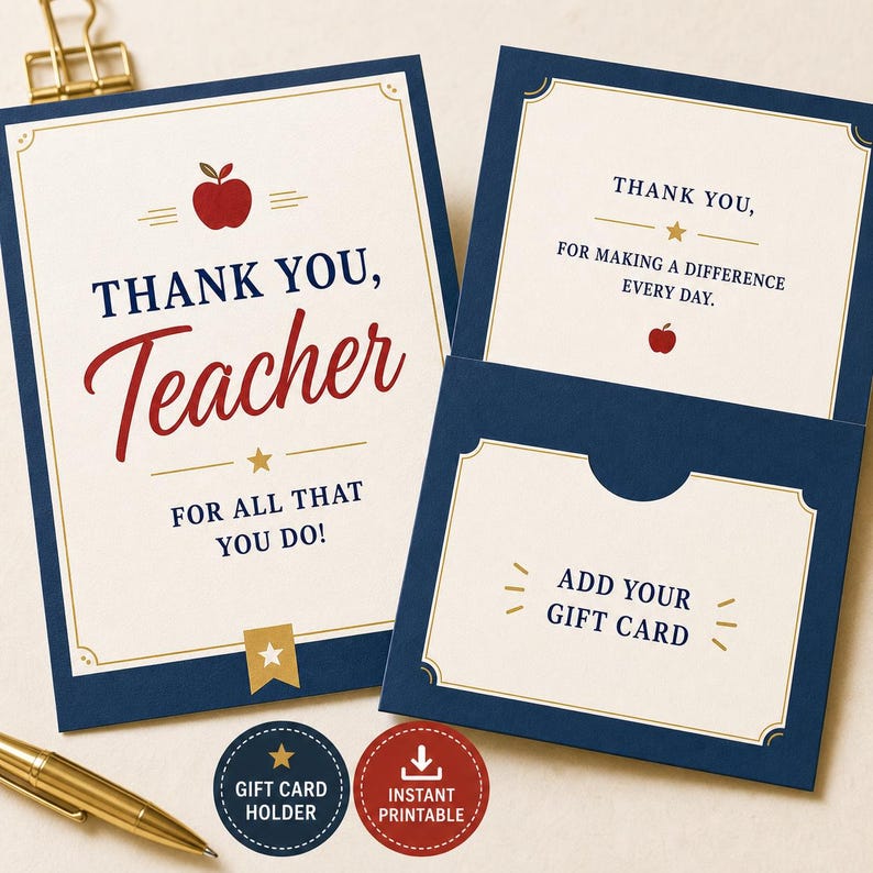 Teacher Gift Card Holder Printable, End Of Year Teacher Gift, Instant Download Thank You Card image 3