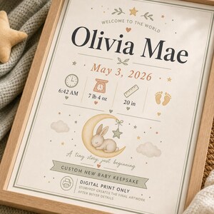 New Baby Birth Stat Poster, Personalised Made-to-Order Printable image 4