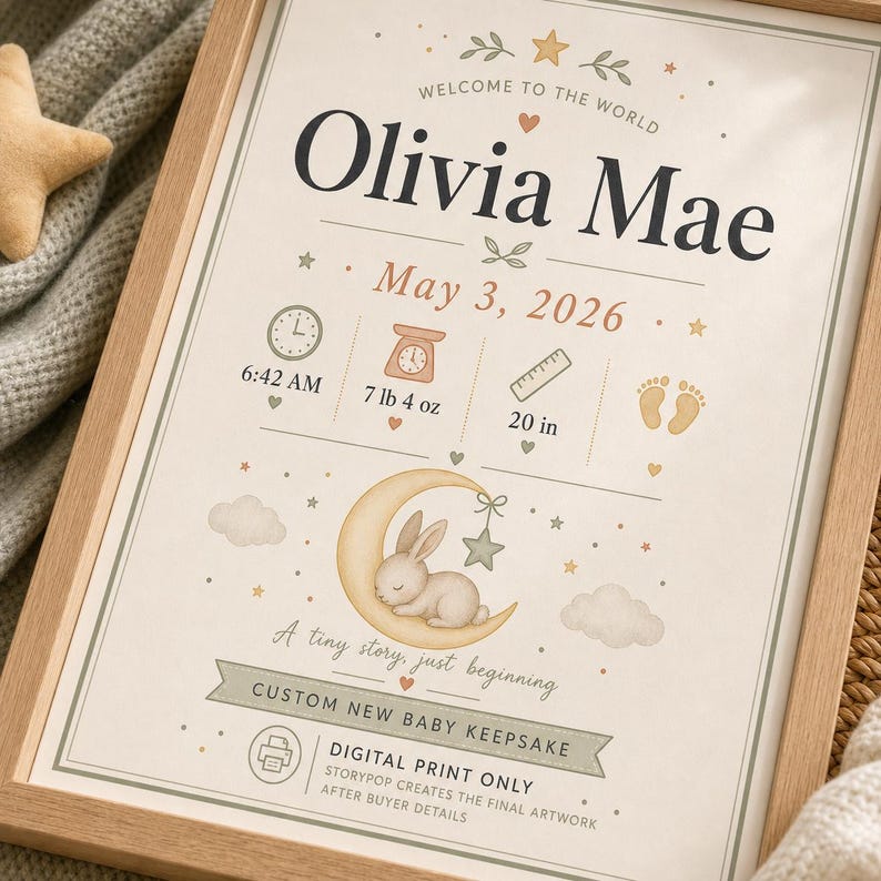 New Baby Birth Stat Poster, Personalised Made-to-Order Printable image 4