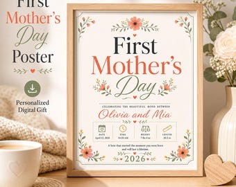 Póster del primer Día de la Madre, recuerdo personalizado para la nueva mamá y su bebé.