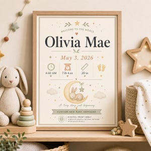 New Baby Birth Stat Poster, Personalised Made-to-Order Printable image 1