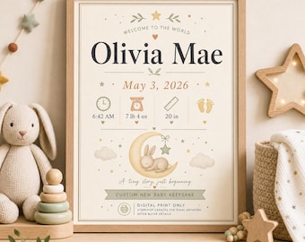 Póster con las estadísticas del nacimiento del bebé, imprimible y personalizado bajo pedido.