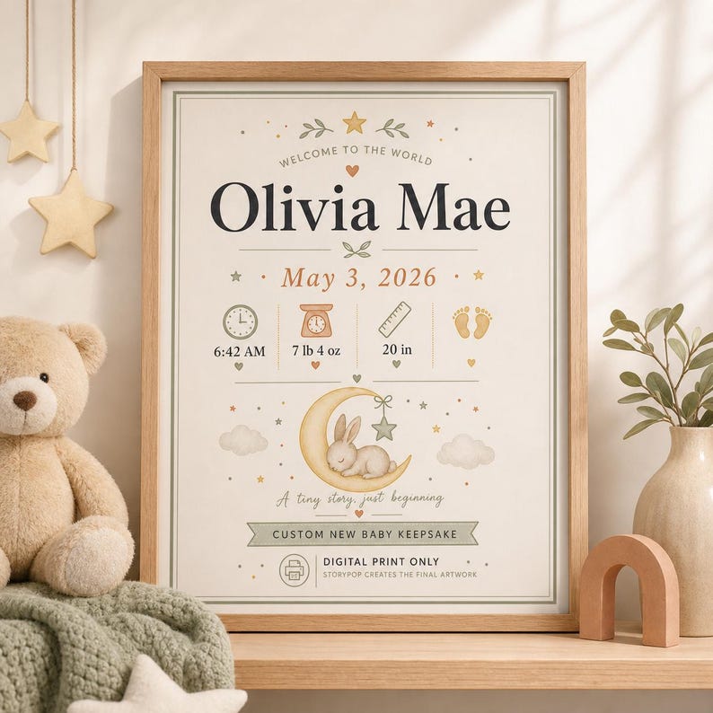 New Baby Birth Stat Poster, Personalised Made-to-Order Printable image 3