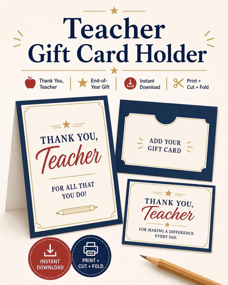 Teacher Gift Card Holder Printable, End Of Year Teacher Gift, Instant Download Thank You Card image 10