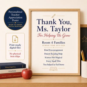 Personalized Teacher Appreciation Poster, End Of Year Teacher Gift, Custom Printable Thank You Keepsake image 1