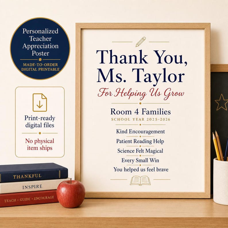 Personalized Teacher Appreciation Poster, End Of Year Teacher Gift, Custom Printable Thank You Keepsake image 1