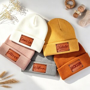 Personalized Baby Beanie, Custom Name Patch Knit Hat, Soft Ribbed Stretch Fabric