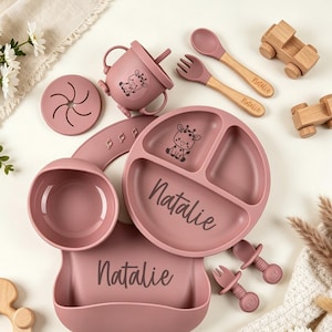 Personalized Silicone Baby Feeding Set, Custom Name Divided Plate, Bib, Bowl, Sippy Cup & Utensils, Toddler Self Feeding Kit