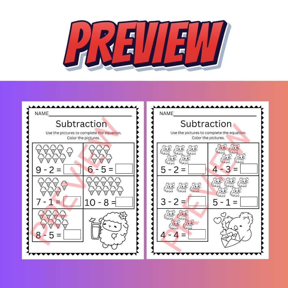 Subtraction With Pictures | Solve & Color Math Worksheets - Etsy