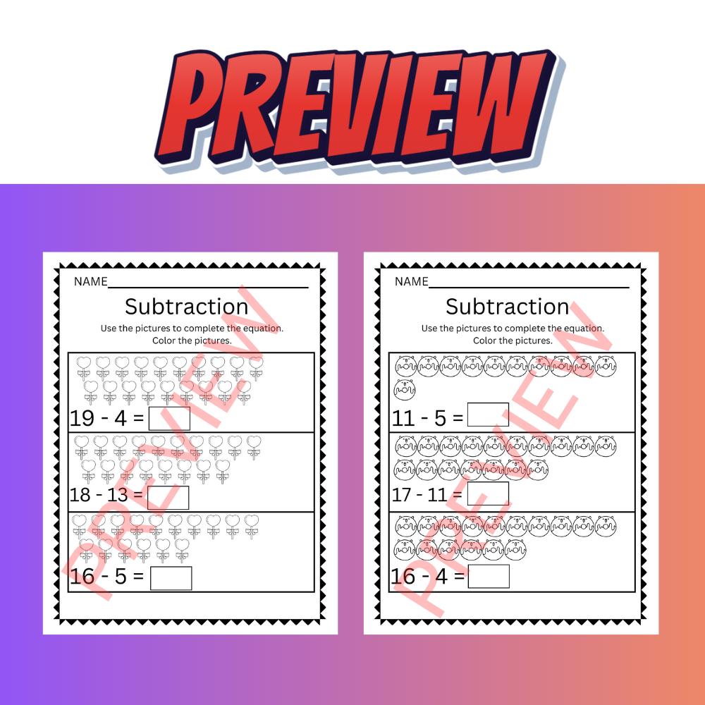 Subtraction With Pictures | Solve & Color Math Worksheets - Etsy