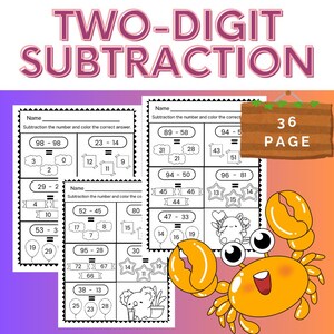 Op de afbeelding: Educatief werkblad getiteld "TWEE-CIJFERIGE AFTREKKING" met aftreksommen. De pagina's bevatten wiskundige problemen met antwoordopties en een cartoonkrabillustratie. De tekst "36 PAGE" is ook zichtbaar.