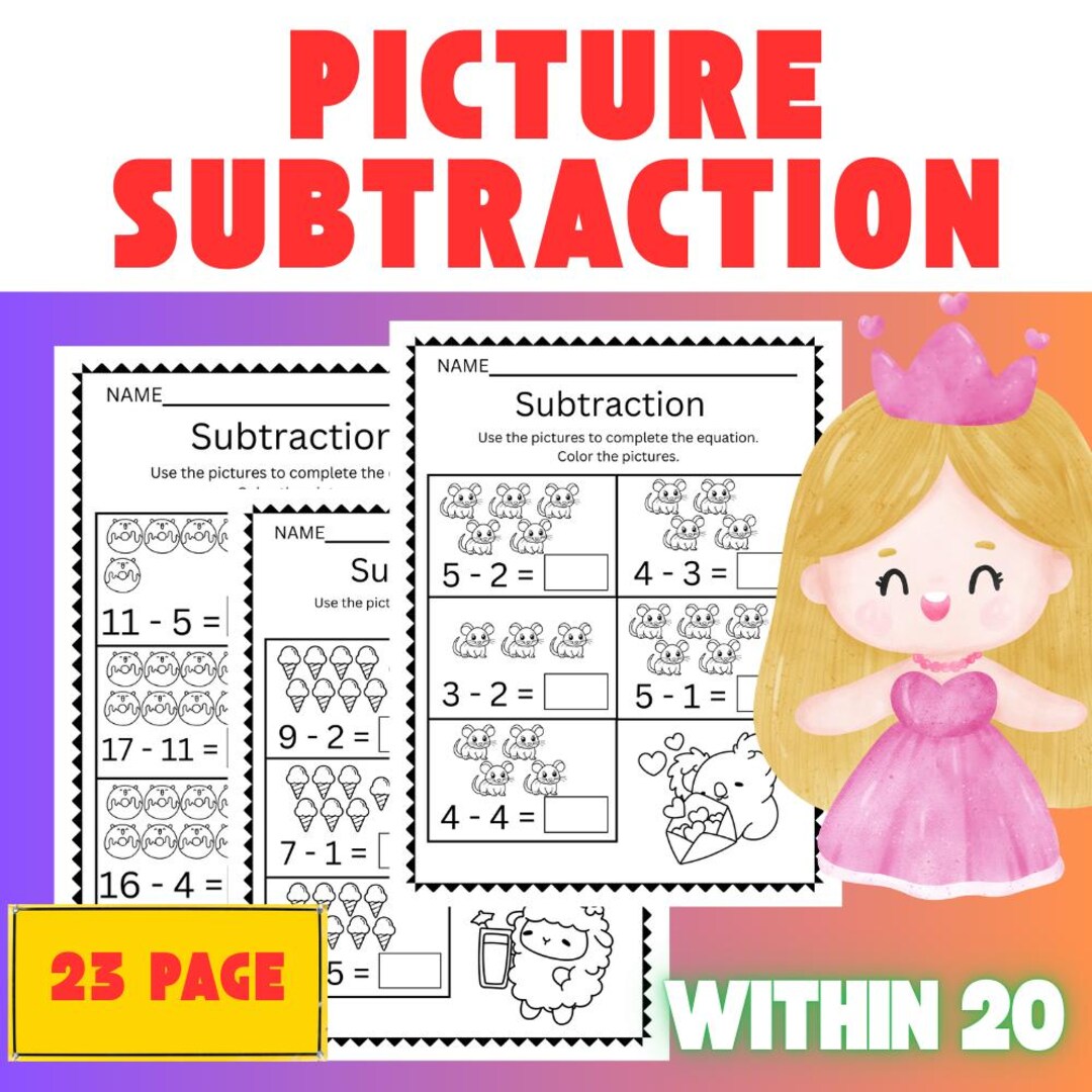 Subtraction With Pictures | Solve & Color Math Worksheets - Etsy