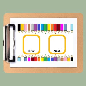 May include: A brown clipboard holding a white sheet with the text NOW AND NEXT BOARDS. The sheet features two yellow-bordered squares labeled Now and Next, surrounded by a colorful border of pencil illustrations in various shades and colors.