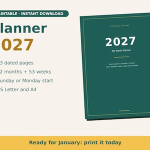 Peut inclure: Un agenda annuel 2027 vert fonc&eacute; avec des bordures dor&eacute;es. Le texte de couverture indique 2027 My Yearly Planner. Il comprend 73 pages dat&eacute;es, 12 mois, 53 semaines, un d&eacute;but de semaine le dimanche ou le lundi, et les formats US Letter et A4.