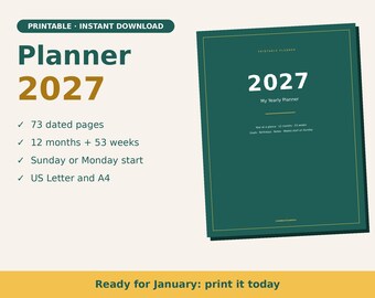 Agenda 2027 in inglese (stampabile) | Agenda 2027 | Agende settimanali e mensili con date | Inizia di domenica o di lunedì | PDF formato Letter A4