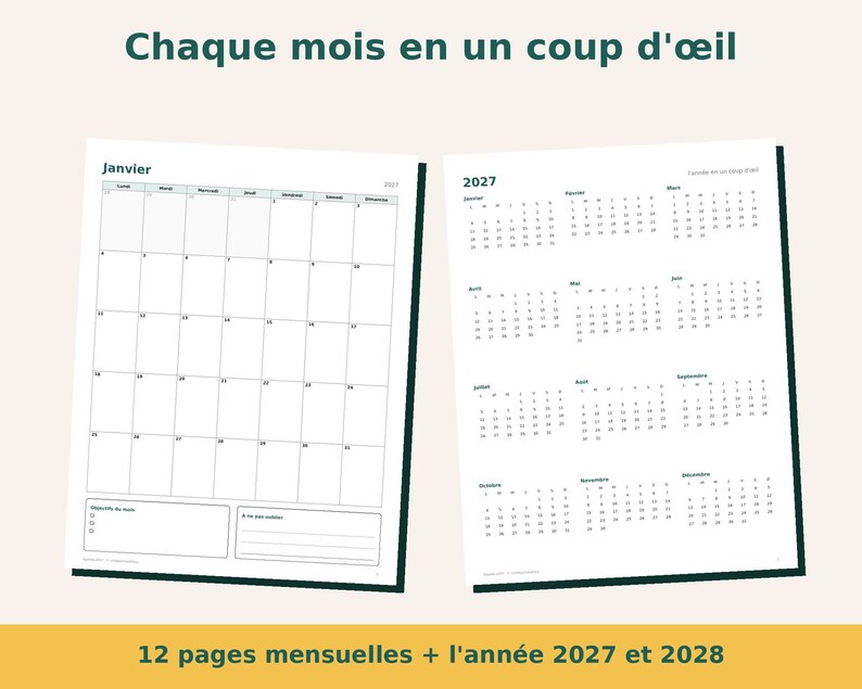 2027 Planner Printable in French | French Weekly and Monthly Dated Agenda | Monday Start | PDF A4 and Letter image 3