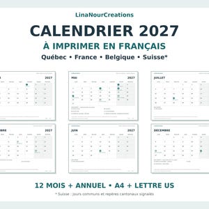 May include: A 2027 printable calendar set by LinaNourCreations in French, featuring monthly grids for January, May, July, September, June, and December. The layout includes 12 months plus an annual view, formatted for A4 and US Letter paper sizes.