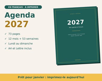 Agenda stampabile 2027 in francese | Agenda settimanale e mensile datata | Da lunedì a domenica | PDF in formato A4 e Letter