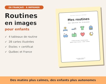 Schede illustrate stampabili per bambini | Tabella della routine mattutina e serale | 28 carte illustrate | Francese | PDF