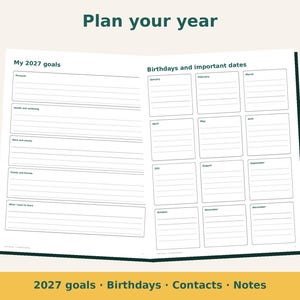 Peut inclure: Un agenda ouvert avec du texte vert fonc&eacute; sur des pages blanches. La page de gauche est intitul&eacute;e My 2027 goals avec des sections pour les objectifs personnels, la sant&eacute;, l'argent, la famille et l'apprentissage. La droite liste les dates.