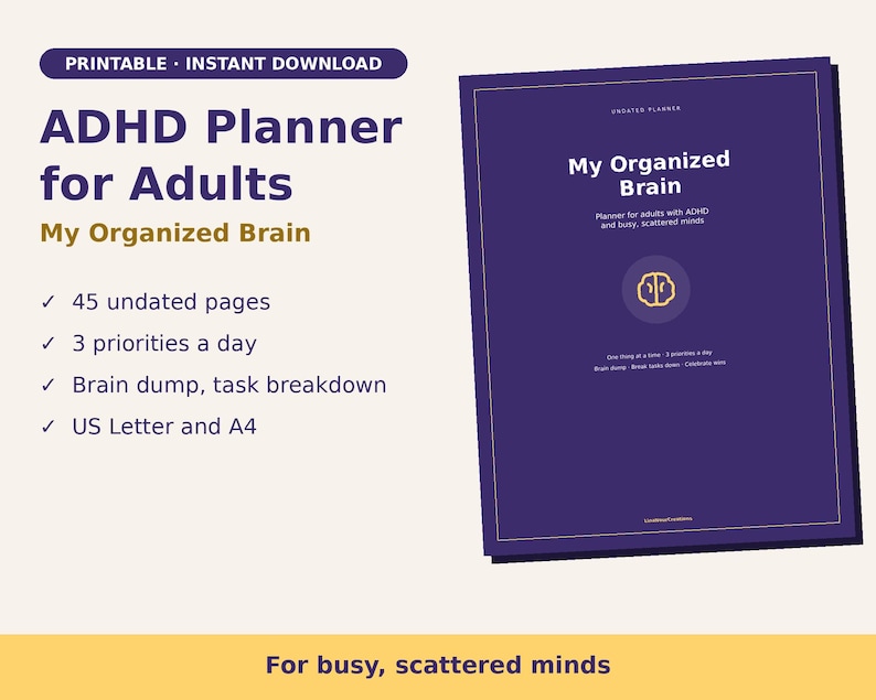 Agenda stampabile per ADHD in inglese | Agenda per adulti con ADHD | Agenda senza date | PDF formato A4 immagine 1