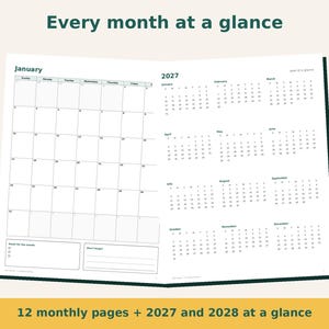 Peut inclure: Un agenda ouvert affichant le texte Every month at a glance en haut. La page de gauche pr&eacute;sente une grille de calendrier pour janvier avec des sections pour Goals for the month et Don't forget. La page de droite montre le calendrier 2027.