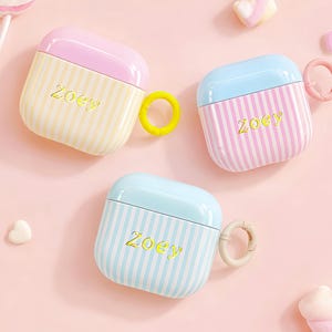 Personalized Name Pastel Striped AirPods Case with a Carabiner,  Gift for Her