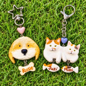 May include: Two keychains featuring sculpted animal charms. One is a tan dog head with a bone-shaped tag labeled Rosie, attached to a star-shaped ring. The other features two white and orange cats with fish-shaped tags labeled Juzi and Mimi.