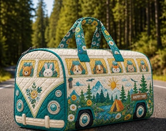 Hippie Camper Van Duffel Bag, Floral Travel Weekender, Cute Woodland Animal Bag, Boho Camping Gift, Road Trip Tote