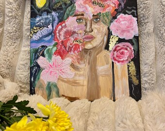 Blooming Silence - Original Acrylbild auf Leinwand, abstraktes weibliches Porträt, rote Blumen Kunst, moderne Wanddekoration